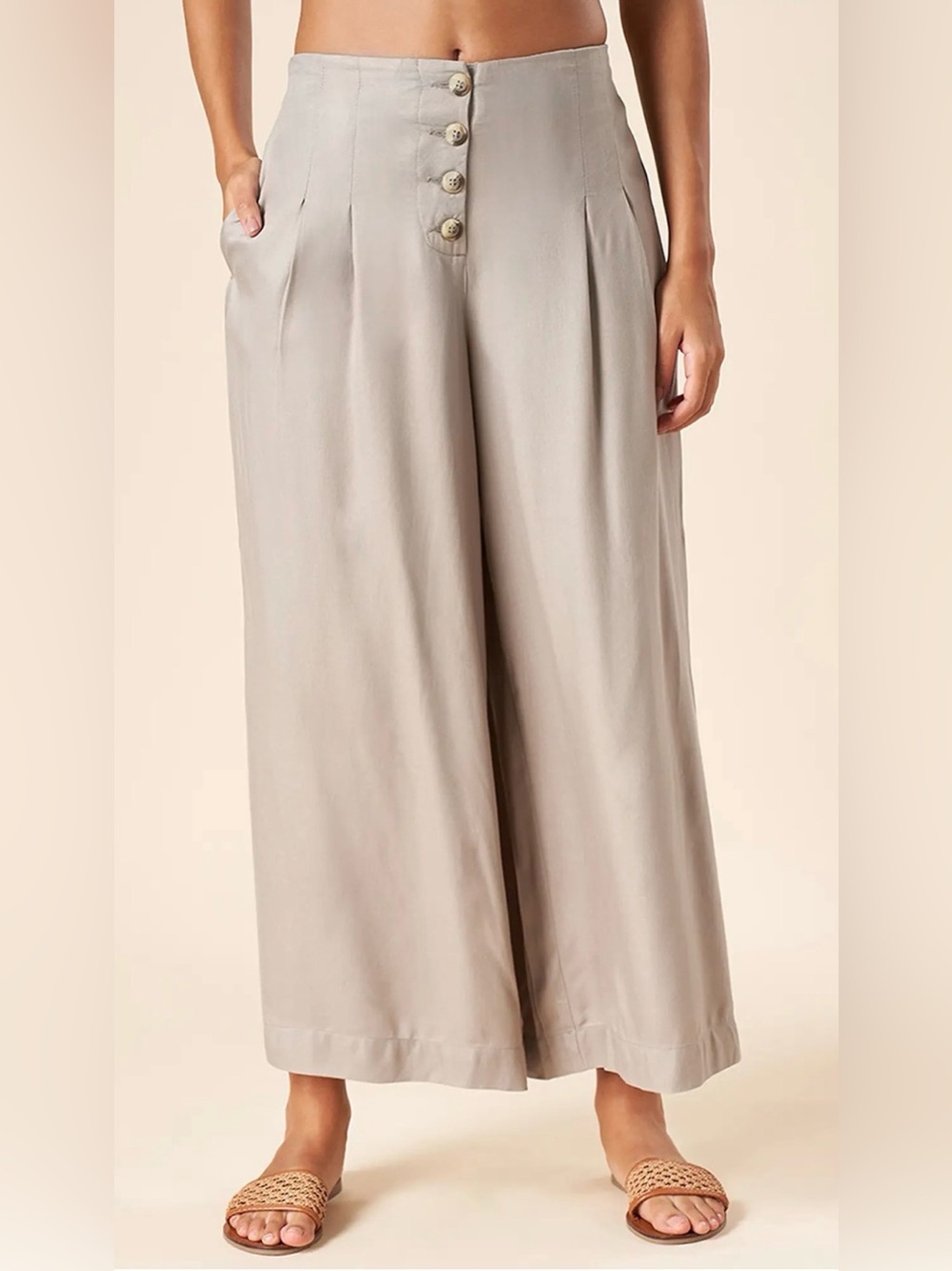 Sincerely Jules Taupe Linen Blend Cropped high waisted pleated wide-leg pants M